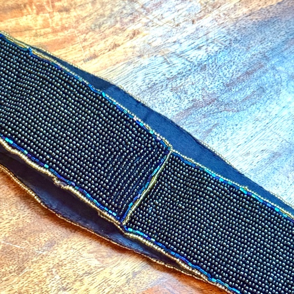 Vintage Le Regale Beaded Statement Belt, Jewel Tone Beading, Black Satin, Glam